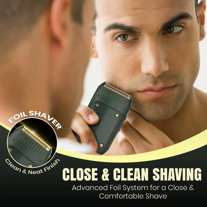 ماشین اصلاح موی صورت وی جی آر مدل V-353 با تیغه استیل پیشرفته، تکنولوژی فویلی، قابلیت اصلاح با شماره صفر، باتری 600 میلیآمپر ساعت و شارژر USB، طراحی ارگونومیک و سبک با برس تمیزکننده و محافظ