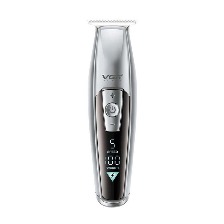 ماشین اصلاح موی سر و صورت وی جی ار مدل V-970 با تیغه استیل ضد زنگ، باتری قابل شارژ با 240 دقیقه استفاده، 5 سرعت قابل تنظیم، طراحی ارگونومیک و 3 شانه تنظیم طول 2، 3 و 4 میلیمتر