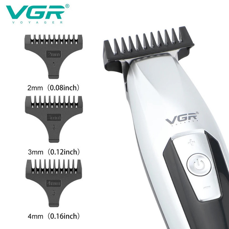 ماشین اصلاح موی سر و صورت وی جی ار مدل V-970 با تیغه استیل ضد زنگ، باتری قابل شارژ با 240 دقیقه استفاده، 5 سرعت قابل تنظیم، طراحی ارگونومیک و 3 شانه تنظیم طول 2، 3 و 4 میلیمتر