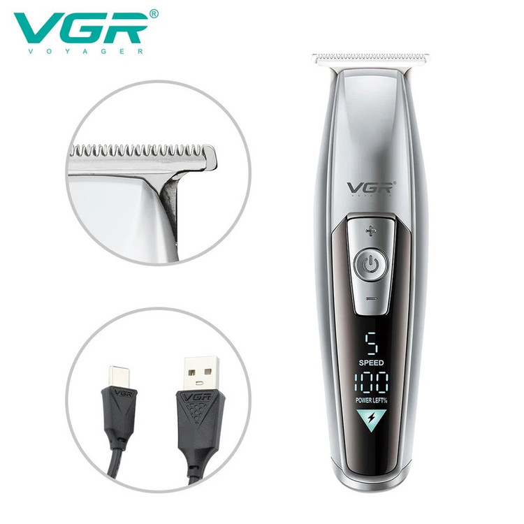 ماشین اصلاح موی سر و صورت وی جی ار مدل V-970 با تیغه استیل ضد زنگ، باتری قابل شارژ با 240 دقیقه استفاده، 5 سرعت قابل تنظیم، طراحی ارگونومیک و 3 شانه تنظیم طول 2، 3 و 4 میلیمتر