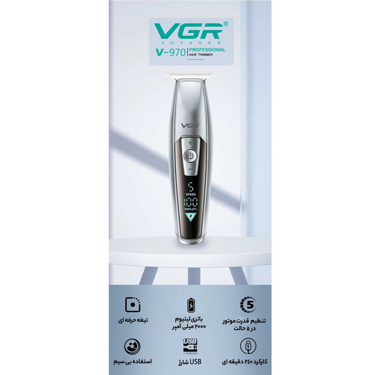 ماشین اصلاح موی سر و صورت وی جی ار مدل V-970 با تیغه استیل ضد زنگ، باتری قابل شارژ با 240 دقیقه استفاده، 5 سرعت قابل تنظیم، طراحی ارگونومیک و 3 شانه تنظیم طول 2، 3 و 4 میلیمتر