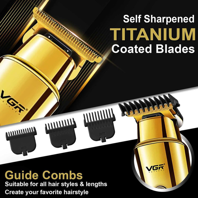 ماشین اصلاح موی سر و صورت وی جی آر مدل V-947 با تیغه استیل ضد زنگ، باتری لیتیوم یونی 2000 میلیآمپر، 500 دقیقه استفاده پس از شارژ، طراحی ارگونومیک و قابلیت اصلاح حجم زن