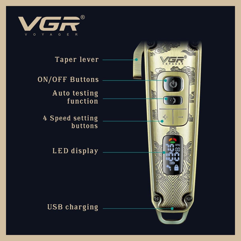 ماشین اصلاح موی سر و صورت وی جی آر مدل V-005 با تیغه کربن استیل و متالوژیک پودری، باتری لیتیومی 2600 میلیآمپر، نمایشگر LED، قابلیت تنظیم سرعت و 8 شانه اندازهگیری از 1.5 تا 19 میلیمتر، مدت استفاده 250 دقیقه پس از شارژ کامل