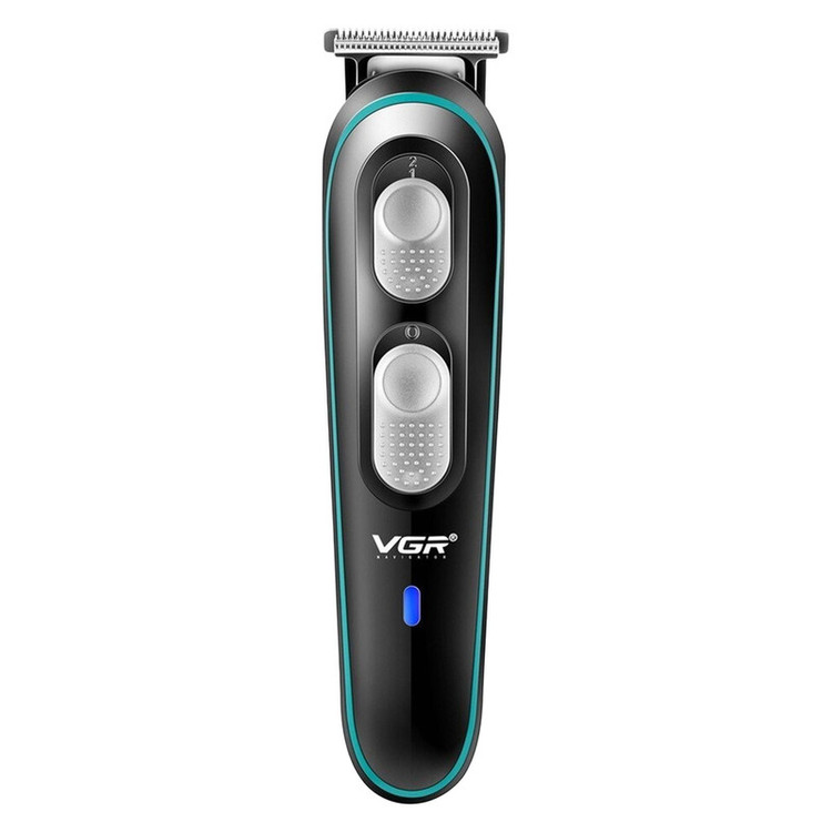 ماشین اصلاح موی صورت وی جی ار مدل V-055 با تیغه استیل ضد زنگ، باتری قابل شارژ، طراحی ارگونومیک، خط زن و صفر زن، اندازه اصلاح 0 تا 10 میلیمتر، وزن 220 گرم
