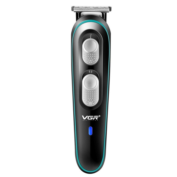 ماشین اصلاح موی صورت وی جی ار مدل V-055 با تیغه استیل ضد زنگ، باتری قابل شارژ، طراحی ارگونومیک، خط زن و صفر زن، اندازه اصلاح 0 تا 10 میلیمتر، وزن 220 گرم