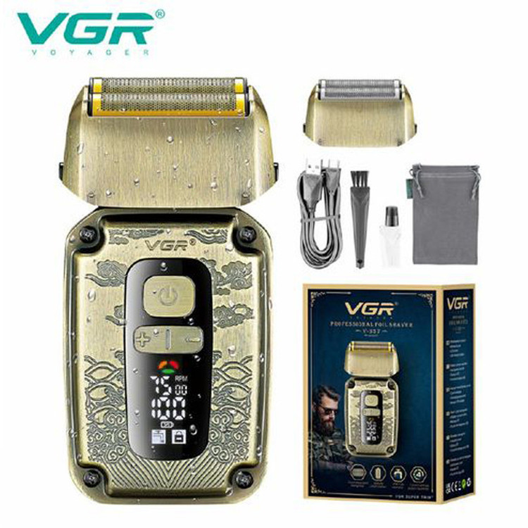 ماشین اصلاح موی صورت وی جی ار مدل V-337 با تیغه کربن استیل، عملکرد توربو، قابلیت تنظیم سرعت، استفاده خشک و مرطوب، اصلاح با شماره صفر، باتری لیتیومی 800 میلیآمپر، شارژ با کابل USB، نمایشگر میزان شارژ و سرعت موتور، دارای تیغه اضافی تریمر