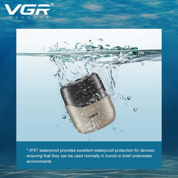 ماشین اصلاح موی صورت وی جی ار مدل v-345 با تیغه استیل ضد زنگ، صفرزن، ضدآب، طراحی ارگونومیک، شارژ سریع، باتری قابل شارژ، همراه با کابل USB، برس تمیزکننده و محافظ