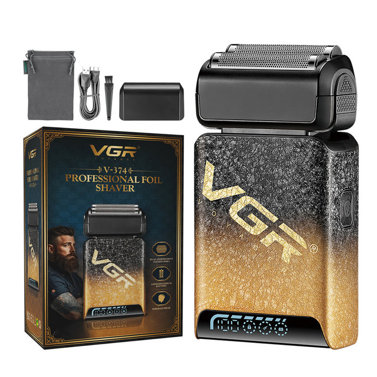 ماشین اصلاح موی صورت وی جی ار مدل v-374 با تیغه استیل ضد زنگ، اصلاح فویلی، قابلیت اصلاح با شماره صفر، نمایشگر میزان شارژ، قفل ایمنی، طراحی ارگونومیک و شارژ سریع