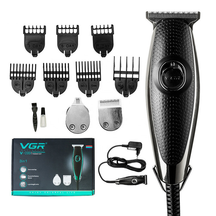 ست ماشین اصلاح موی صورت و بدن وی جی آر مدل V-099 با تیغه استیل ضد زنگ، تکنولوژی برش مستقیم، طراحی ارگونومیک، هفت شانه قابل تنظیم، وزن 450 گرم و منبع انرژی برق