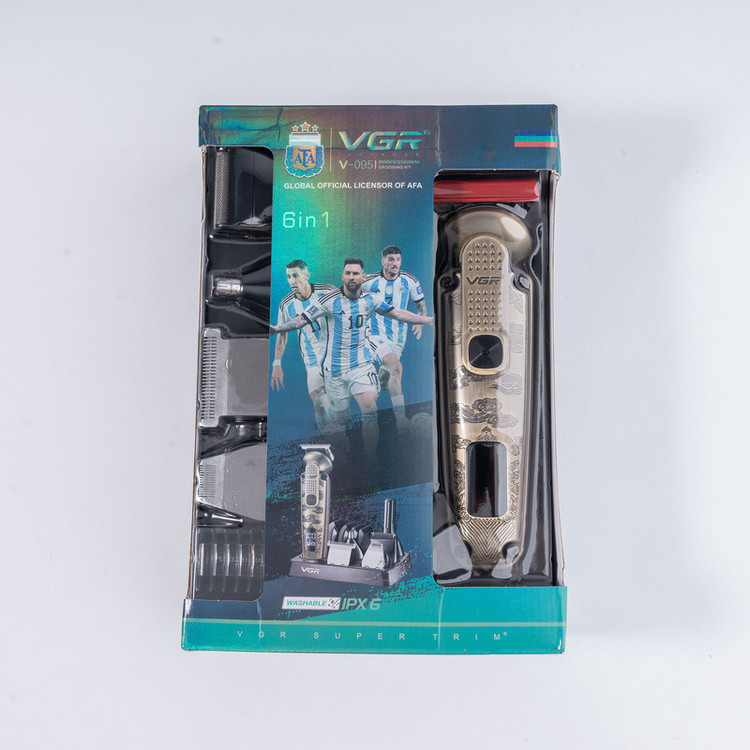 ست ماشین اصلاح موی سر و صورت و بدن وی جی ار مدل V-095 با 6 سری تریمر، 12 شانه، باتری لیتیومی 1200 میلیآمپر، نمایشگر LED، مقاوم در برابر آب و شارژ USB، قابل شستشو و طراحی ارگونومیک