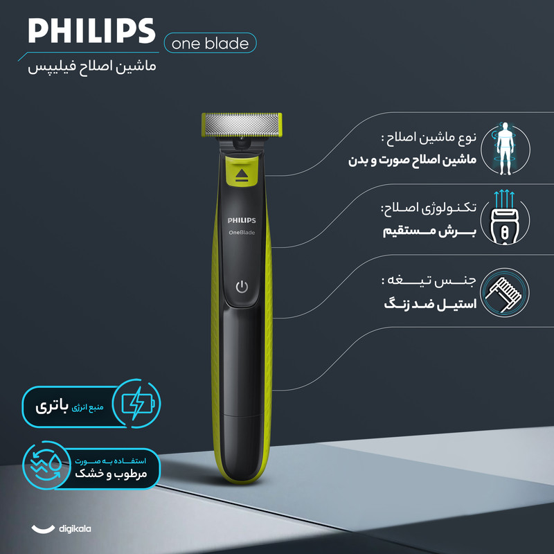 ماشین اصلاح موی صورت و بدن فیلیپس مدل qp2824 با تیغه استیل ضد زنگ، طراحی ارگونومیک، استفاده خشک و مرطوب، شارژ USB با 45 دقیقه زمان استفاده و شانه قابل تنظیم دستی