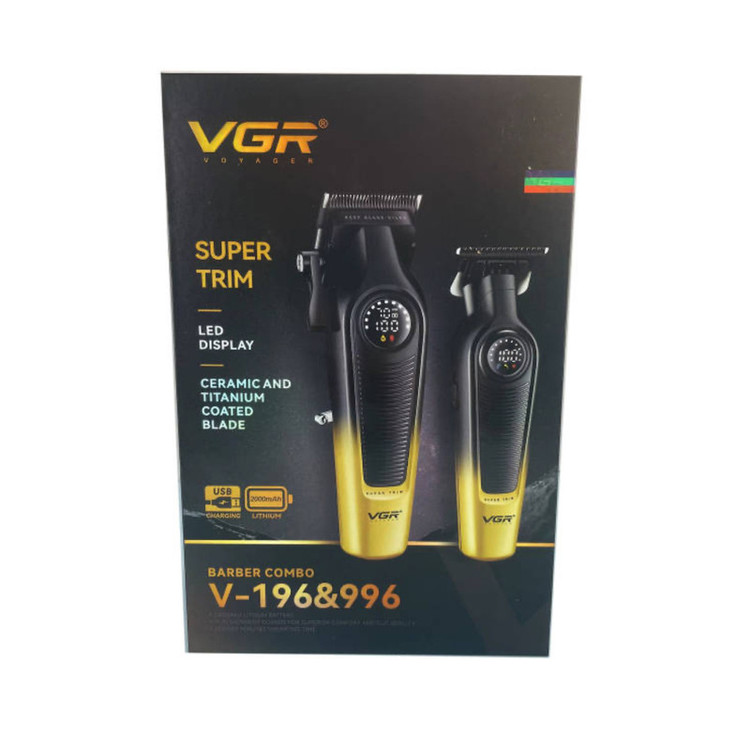 ماشین اصلاح موی سر و صورت شارژی وی جی ار مدل V-196&996 مجموعه دو عددی با تیغه سرامیک و تیتانیوم پیشرفته، باتری لیتیوم یون 2000 میلیآمپر ساعت، نمایشگر شارژ و طراحی ارگونومیک مقاوم در برابر ضربه