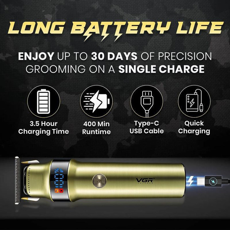 ماشین اصلاح موی سر و صورت وی جی ار مدل V-991 با تیغه سرامیک و استیل ضد زنگ، قابلیت اصلاح با شماره صفر، نمایش وضعیت باتری، عملکرد توربو، طراحی ارگونومیک، باتری 2000 میلیآمپر، شارژ با کابل USB، سه عدد شانه، دور موتور 7000 RPM
