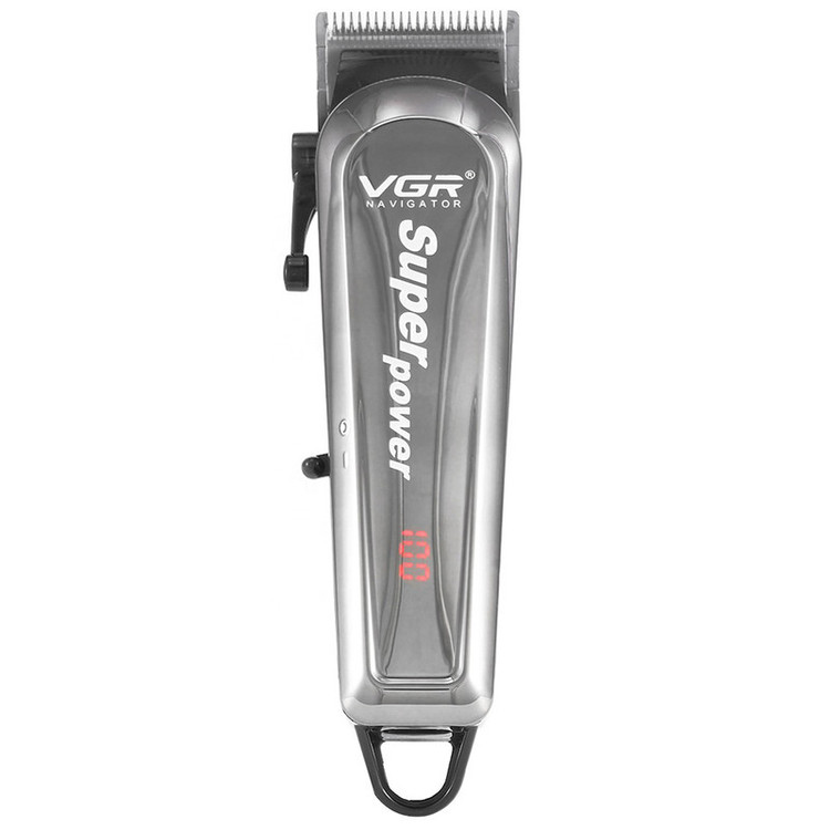 ماشین اصلاح موی سر و صورت وی جی ار مدل V-060 با تیغه تیتانیوم، اهرم تنظیم سایز اصلاح، طراحی ارگونومیک، منبع تغذیه کابل USB، نمایشگر LCD و مدت زمان استفاده 90 دقیقه