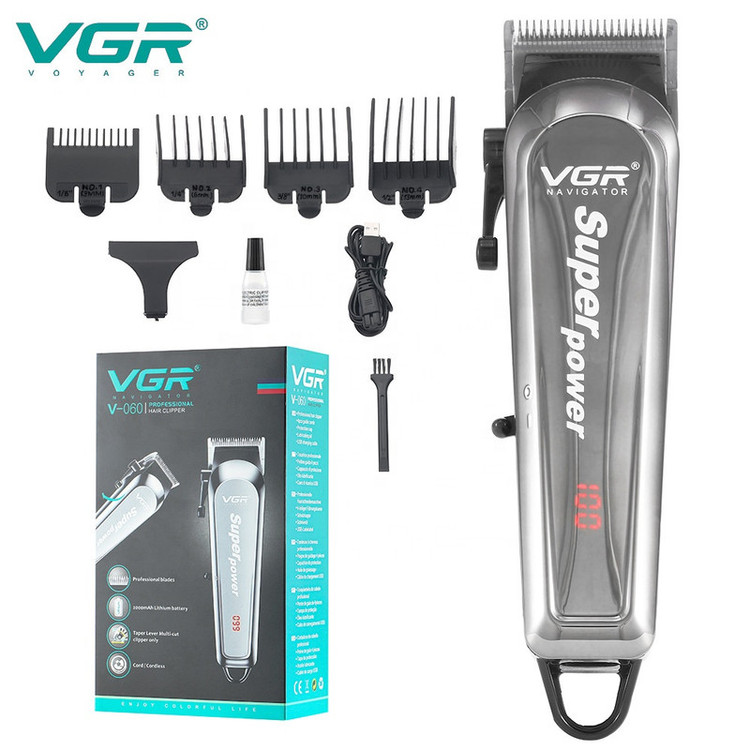 ماشین اصلاح موی سر و صورت وی جی ار مدل V-060 با تیغه تیتانیوم، اهرم تنظیم سایز اصلاح، طراحی ارگونومیک، منبع تغذیه کابل USB، نمایشگر LCD و مدت زمان استفاده 90 دقیقه