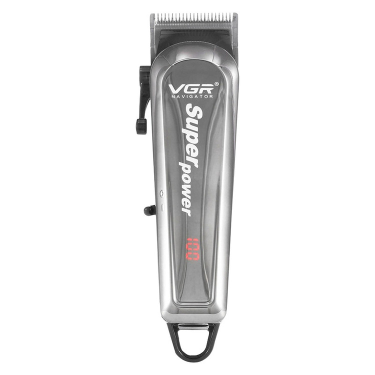 ماشین اصلاح موی سر و صورت وی جی ار مدل V-060 با تیغه تیتانیوم، اهرم تنظیم سایز اصلاح، طراحی ارگونومیک، منبع تغذیه کابل USB، نمایشگر LCD و مدت زمان استفاده 90 دقیقه