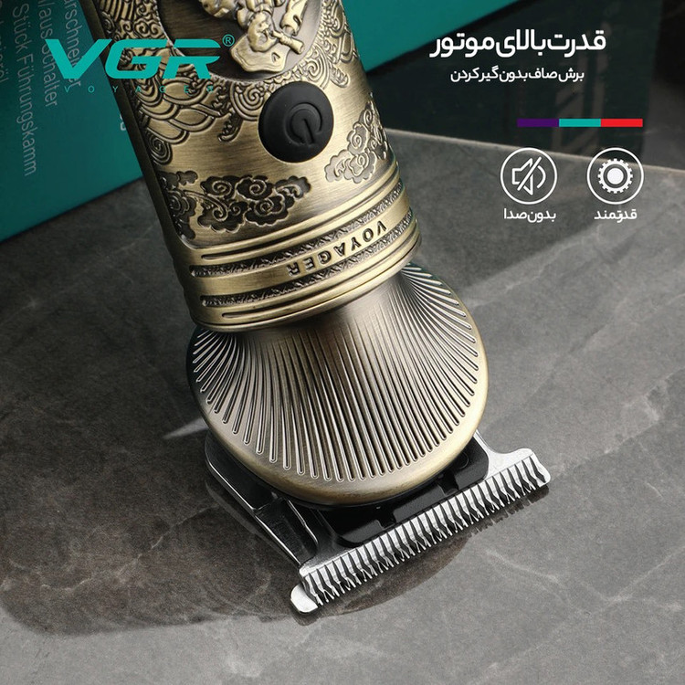 ست ماشین اصلاح موی صورت و بدن وی جی ار مدل V-106 با تیغه استیل پیشرفته، قابلیت اصلاح خشک و مرطوب، باتری 1200 میلیآمپر ساعت، شارژ سریع، نمایش وضعیت باتری، طراحی ارگونومیک، همراه با 9 عدد شانه و کیف نگهداری