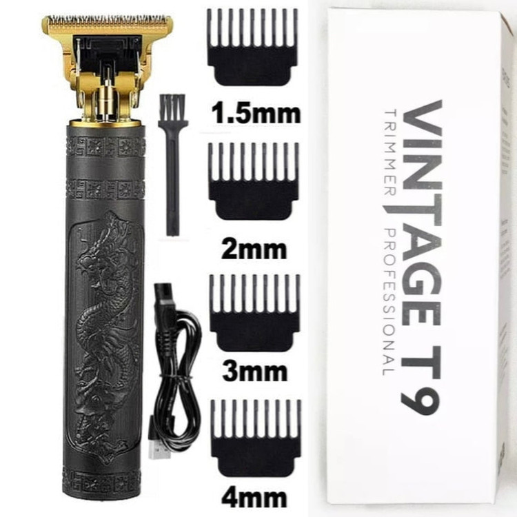 ماشین اصلاح موی سر و صورت مدل Vintage T9 Metalhead قابلیت تریم و خط زن، تیغه استیل ضد زنگ، باتری قابل شارژ با نمایش وضعیت باتری، مدت شارژ و استفاده 60 دقیقه، همراه 4 شانه اصلاح