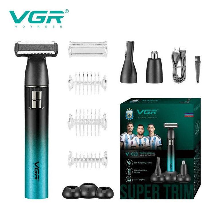 ست ماشین اصلاح موی صورت و بدن شارژی وی جی ار مدل V-628، صفر زن با تیغههای خودتیزشونده، دارای موزن گوش، بینی و ابرو، شارژدهی 60 دقیقهای، همراه با 4 شانه و استند شارژ