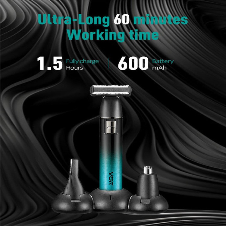ست ماشین اصلاح موی صورت و بدن شارژی وی جی ار مدل V-628، صفر زن با تیغههای خودتیزشونده، دارای موزن گوش، بینی و ابرو، شارژدهی 60 دقیقهای، همراه با 4 شانه و استند شارژ