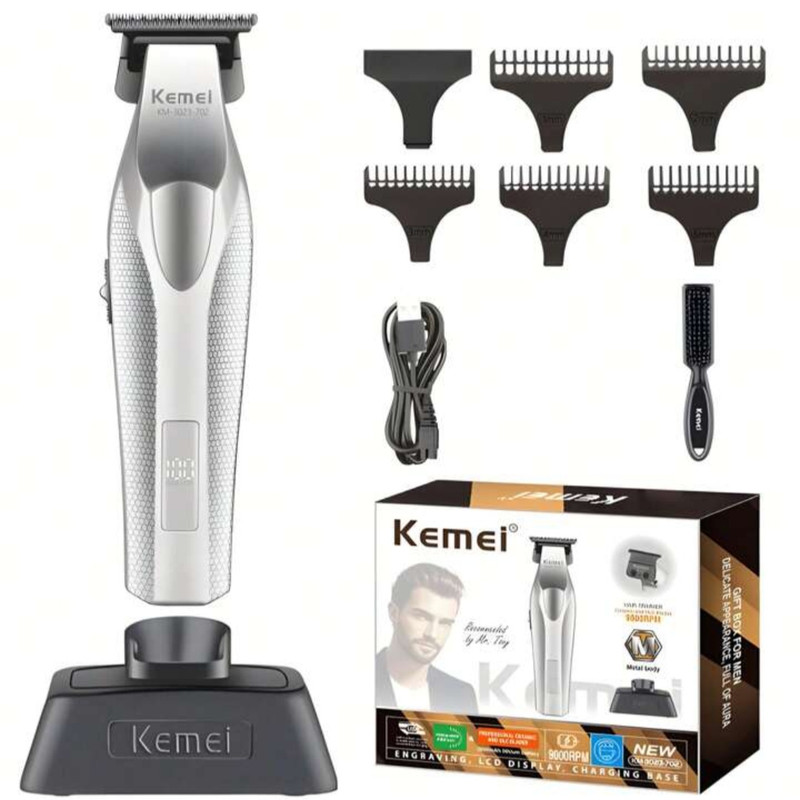ماشین اصلاح موی صورت شارژی کیمی مدل KM-3023-702 با تیغه سرامیک و استیل ضد التهاب، باتری لیتیوم یون 2000 میلیآمپر ساعت، نمایش وضعیت باتری و طراحی ارگونومیک مقاوم در برابر ضربه