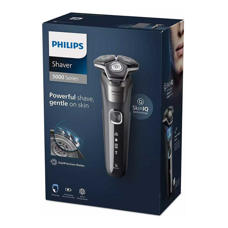 ماشین اصلاح موی صورت فیلیپس مدل SHAVER 5000 Series با تیغههای کربن استیل، سنسور هوشمند، سرهای انعطافپذیر 360 درجه، ضد آب، قابلیت اصلاح با شماره صفر، شارژ سریع و منبع انرژی کابل USB