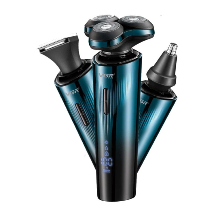 ماشین اصلاح موی سر و صورت شارژی وی جی ار مدل V-303 با تیغه استیل ضد زنگ، سیستم برش شناور سه بعدی، ضد آب، قابلیت اصلاح صفر زن و خط زن، نمایش وضعیت باتری، باتری لیتیومی 600 میلیآمپر، سه شانه قابل تعویض