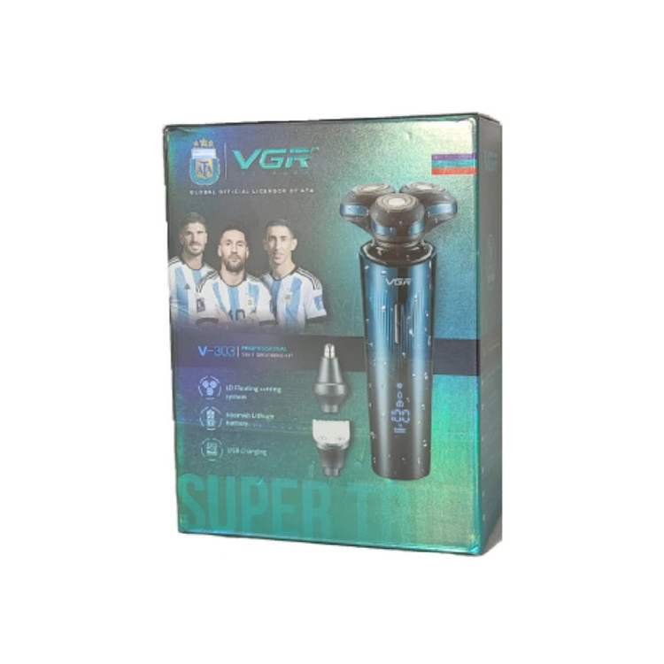 ماشین اصلاح موی سر و صورت شارژی وی جی ار مدل V-303 با تیغه استیل ضد زنگ، سیستم برش شناور سه بعدی، ضد آب، قابلیت اصلاح صفر زن و خط زن، نمایش وضعیت باتری، باتری لیتیومی 600 میلیآمپر، سه شانه قابل تعویض