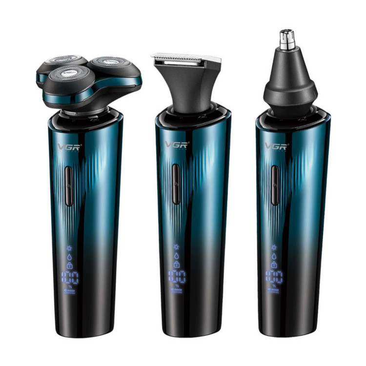ماشین اصلاح موی سر و صورت شارژی وی جی ار مدل V-303 با تیغه استیل ضد زنگ، سیستم برش شناور سه بعدی، ضد آب، قابلیت اصلاح صفر زن و خط زن، نمایش وضعیت باتری، باتری لیتیومی 600 میلیآمپر، سه شانه قابل تعویض