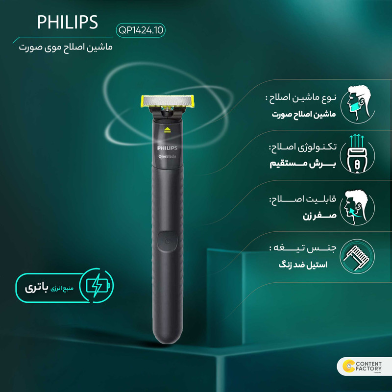 ماشین اصلاح موی صورت فیلیپس مدل QP1424.10 شارژی با تکنولوژی OneBlade، ضدآب، قابل استفاده خشک و مرطوب، تیغه استیل ضد زنگ، اصلاح صفر زن، دارای دو شانه 1 و 3 میلیمتری، شارژ USB با 30 دقیقه استفاده مداوم