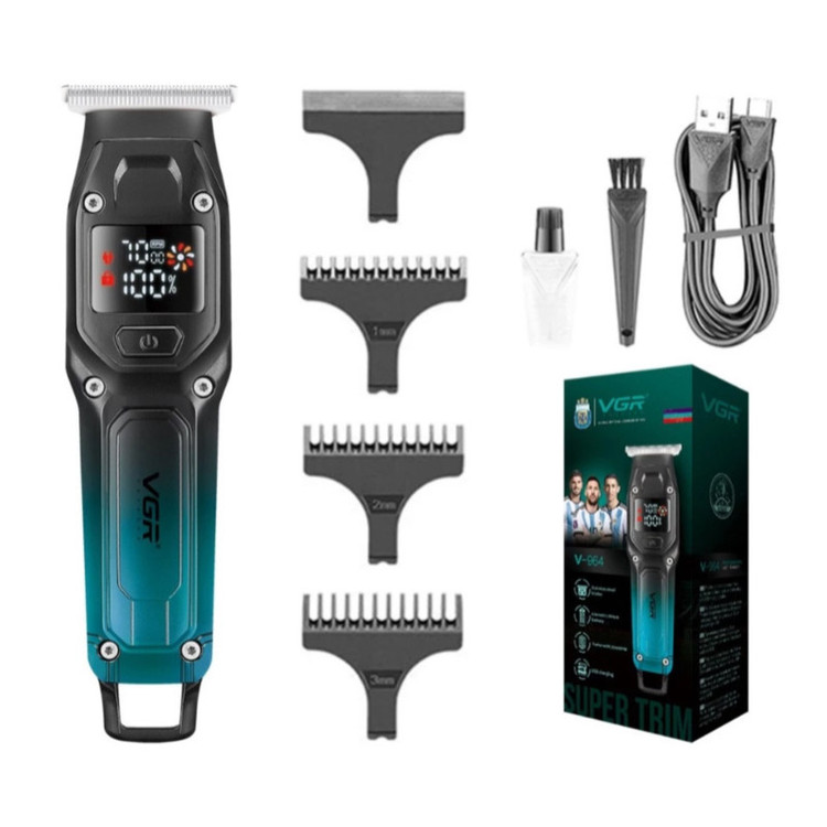ماشین اصلاح موی سر و صورت وی جی ار مدل V-964 با تیغه کربن استیل، باتری لیتیومی 600 میلیآمپر، نمایشگر وضعیت باتری، عملکرد توربو، طراحی ارگونومیک و 3 شانه خط زن سایز 1، 2 و 3 میلیمتر