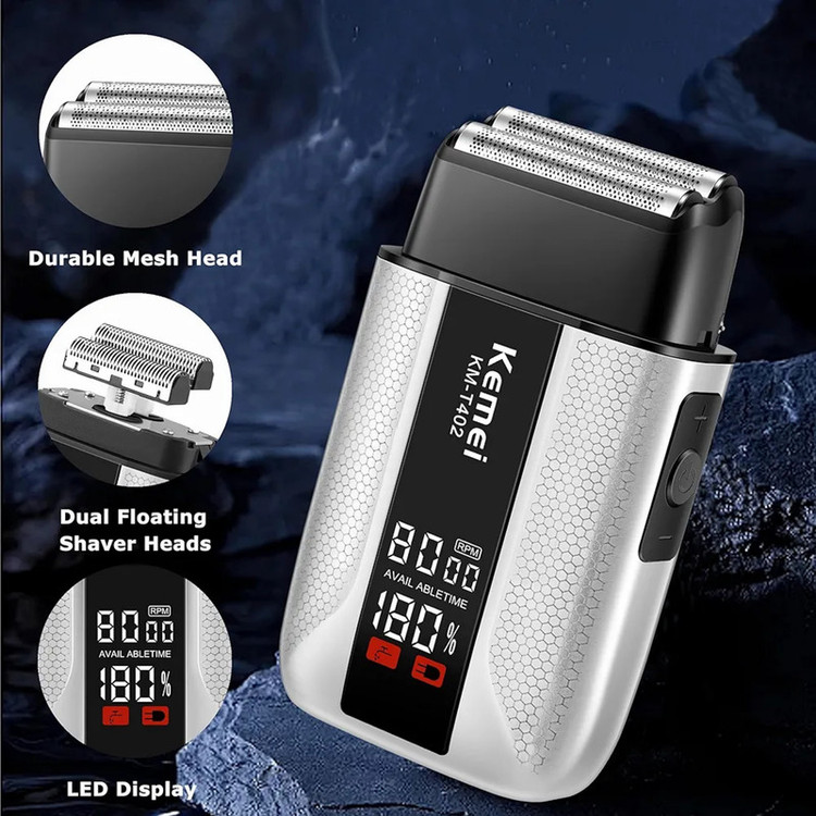 ماشین اصلاح موی صورت فویلی شارژی کیمی مدل KM-T402 با تیغههای دو لایه استیل ضد زنگ، تنظیم سرعت سه حالته، نمایشگر LED، باتری 1400 میلیآمپر ساعت، ضد آب IPX7، بدنه فلزی، اصلاح خشک و مرطوب