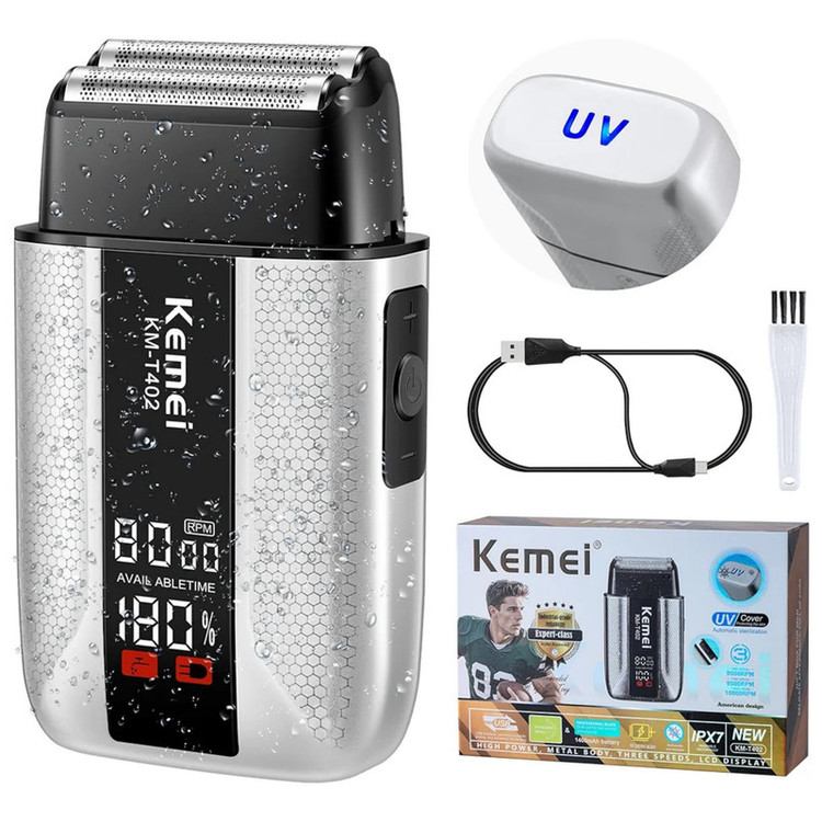 ماشین اصلاح موی صورت فویلی شارژی کیمی مدل KM-T402 با تیغههای دو لایه استیل ضد زنگ، تنظیم سرعت سه حالته، نمایشگر LED، باتری 1400 میلیآمپر ساعت، ضد آب IPX7، بدنه فلزی، اصلاح خشک و مرطوب