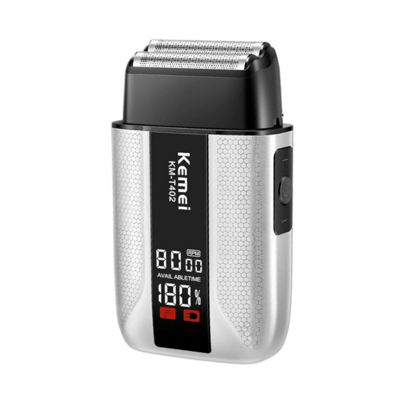 ماشین اصلاح موی صورت فویلی شارژی کیمی مدل KM-T402 با تیغه‌های دو لایه استیل ضد زنگ، تنظیم سرعت سه حالته، نمایشگر LED، باتری 1400 میلی‌آمپر ساعت، ضد آب IPX7، بدنه فلزی، اصلاح خشک و مرطوب