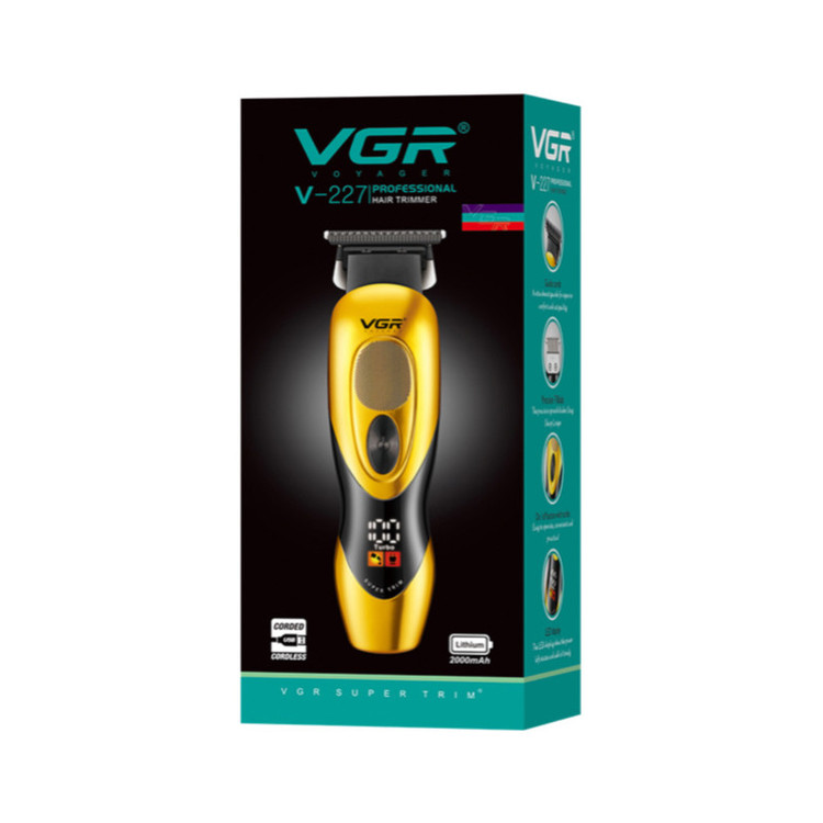 ماشین اصلاح موی سر و صورت وی جی ار مدل V-227 با تیغههای سرامیک ضد التهاب، باتری لیتیوم یونی 2000 میلیآمپر ساعت، نمایشگر میزان شارژ و طراحی ارگونومیک مقاوم در برابر ضربه