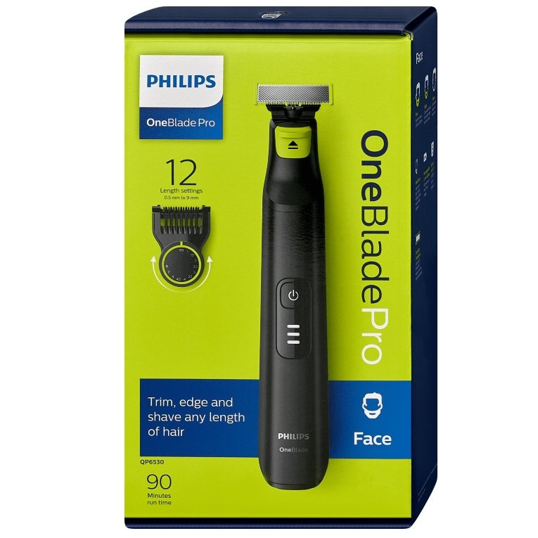 ماشین اصلاح موی صورت فیلیپس مدل QP6530/23 با تیغه استیل ضدزنگ، خط زن و صفرزن، ضدآب، استفاده خشک و مرطوب، شانه اصلاح مدرج 12 درجه (0.5 تا 9 میلیمتر)، شارژ 1 ساعته برای 90 دقیقه استفاده و طراحی ارگونومیک