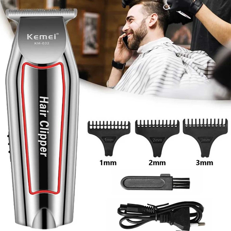 ماشین اصلاح موی صورت کیمی مدل KM-032 با تیغه استیل ضد زنگ و ضد حساسیت، طراحی ارگونومیک و وزن کم، باتری لیتیوم یونی قابل شارژ با 60 دقیقه استفاده، شانه قابل تنظیم دستی 1 تا 3 میلیمتر و قابلیت شارژ سریع