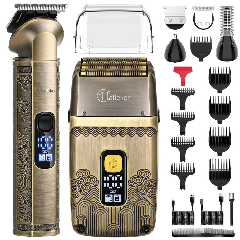 ست ماشین اصلاح موی سر و صورت هاتکر مدل HT-602 با تیغه استیل ضد زنگ، ضد آب IPX7، 9 شانه متنوع، قابلیت صفرزنی و خطزنی، باتری قابل شارژ با شارژ سریع و نمایشگر LCD