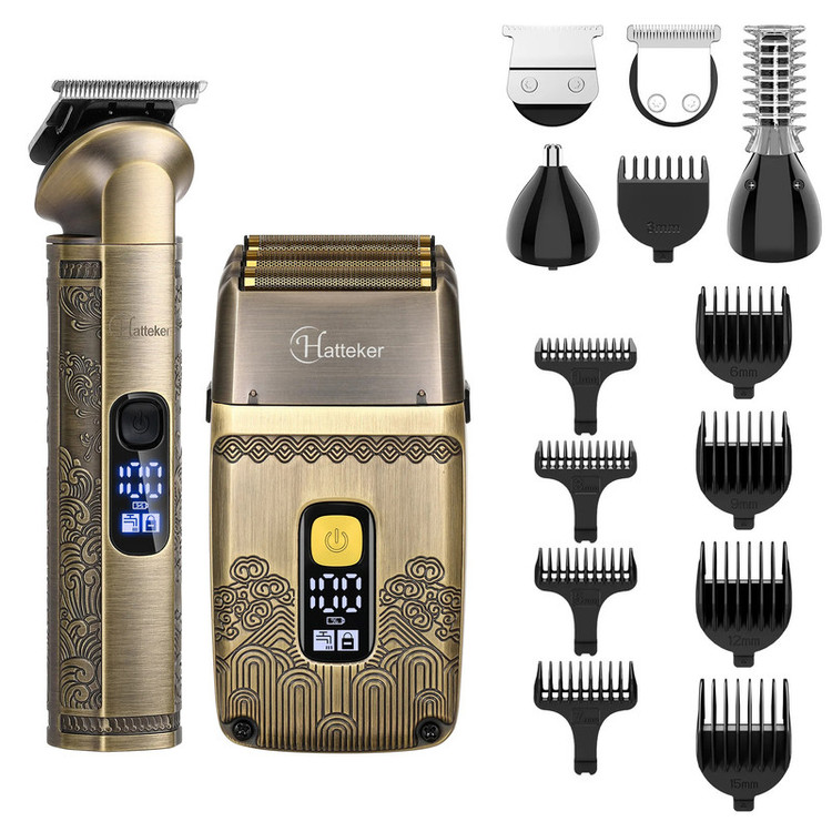 ست ماشین اصلاح موی سر و صورت هاتکر مدل HT-602 با تیغه استیل ضد زنگ، ضد آب IPX7، 9 شانه متنوع، قابلیت صفرزنی و خطزنی، باتری قابل شارژ با شارژ سریع و نمایشگر LCD