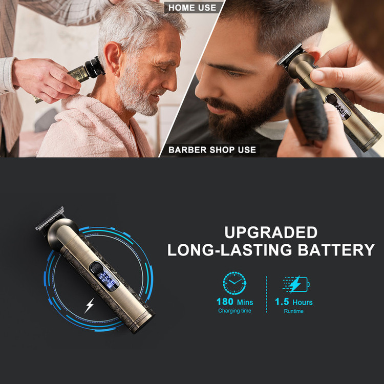 ست ماشین اصلاح موی سر و صورت هاتکر مدل HT-602 با تیغه استیل ضد زنگ، ضد آب IPX7، 9 شانه متنوع، قابلیت صفرزنی و خطزنی، باتری قابل شارژ با شارژ سریع و نمایشگر LCD