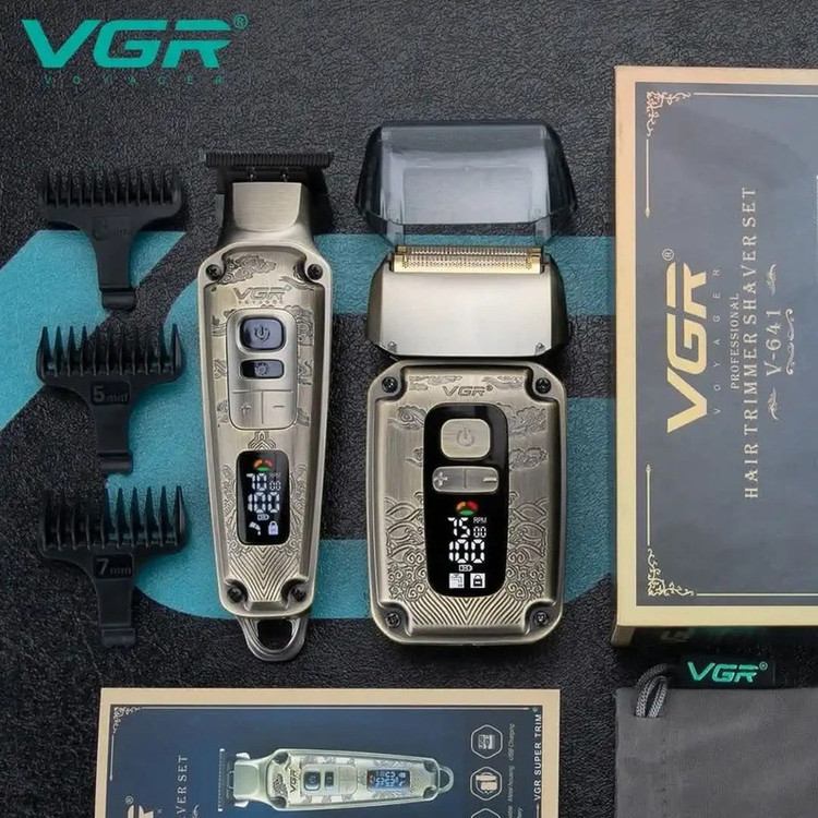 ماشین اصلاح موی سر و صورت وی جی ار مدل V-641 با تیغه استیل ضد زنگ و پیشرفته، نحوه اصلاح فویلی، قابلیت اصلاح با شماره صفر، تنظیم سرعت، نمایش وضعیت باتری، طراحی ارگونومیک، منبع انرژی برق و باتری مجموعه 2 عددی