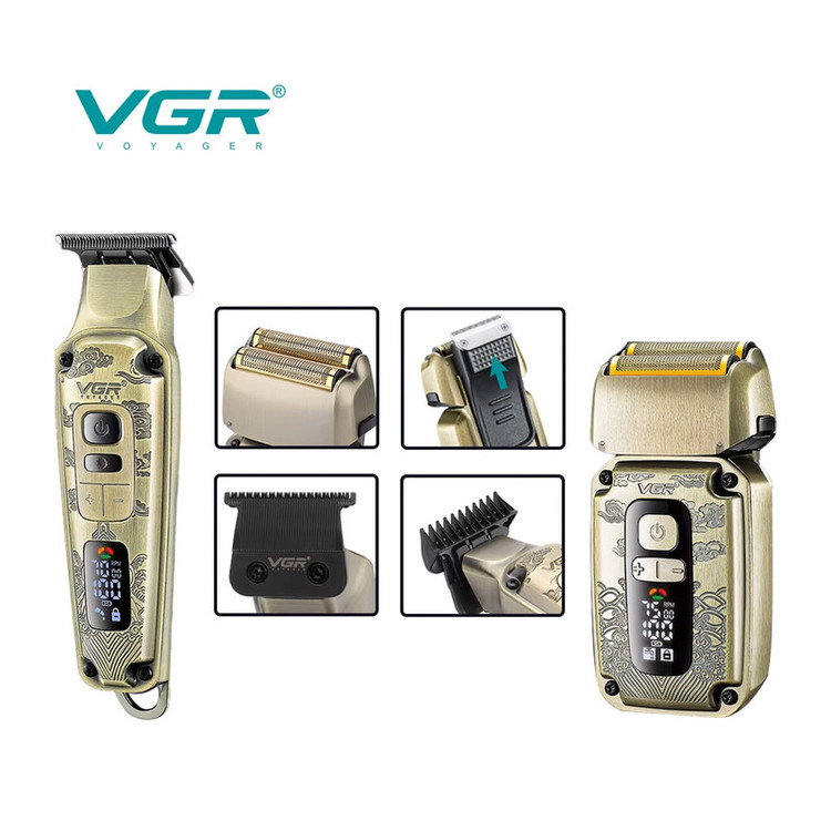 ماشین اصلاح موی سر و صورت وی جی ار مدل V-641 با تیغه استیل ضد زنگ و پیشرفته، نحوه اصلاح فویلی، قابلیت اصلاح با شماره صفر، تنظیم سرعت، نمایش وضعیت باتری، طراحی ارگونومیک، منبع انرژی برق و باتری مجموعه 2 عددی