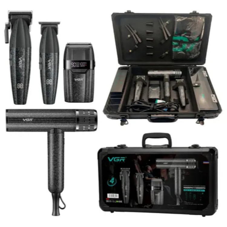 ماشین اصلاح موی سر و صورت شارژی وی جی ار مدل V-640 S4 4in1 به همراه سشوار مجموعه 4 عددی