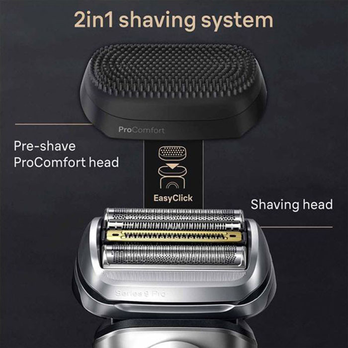 ماشین اصلاح موی صورت شارژی براون مدل +9597cc 9 Pro با تیغه تیتانیوم فویلی، قابلیت اصلاح با شماره صفر، ضد آب و قابل استفاده زیر دوش، شارژ سریع، باتری 600mAh، طراحی ارگونومیک و شانه قابل تنظیم در اندازههای 1، 2 و 3 میلیمتر