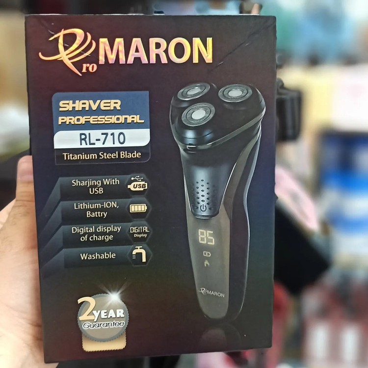 ماشین اصلاح موی صورت پرومارون مدل RL-710 با سه تیغه استیل ضد زنگ، اصلاح چرخشی، استفاده به صورت خشک و مرطوب، طراحی ارگونومیک، باتری 2000 میلیآمپر ساعت، شارژ سریع و شانه قابل تنظیم دستی