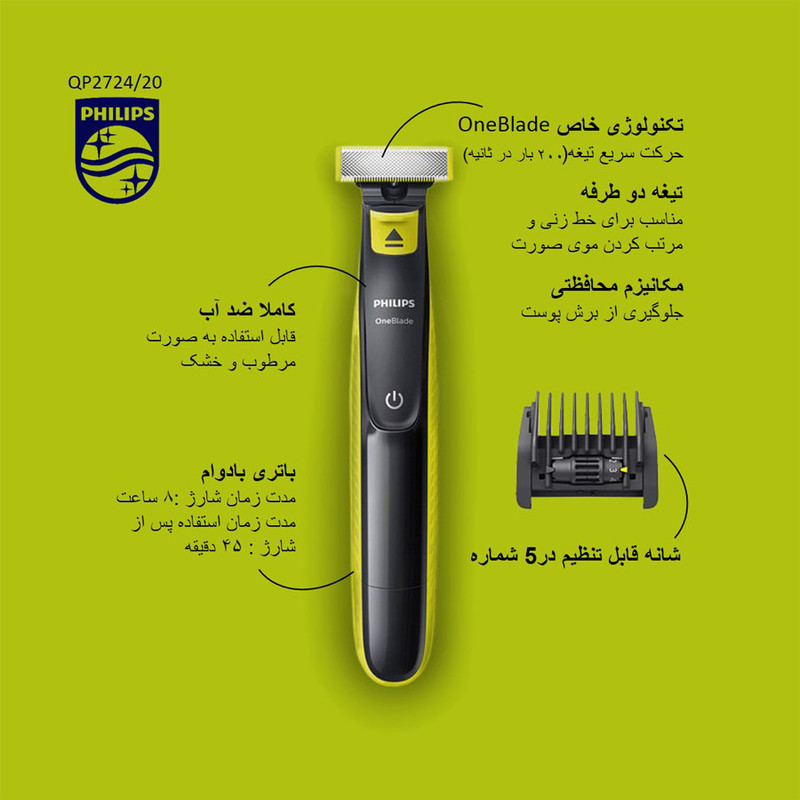 ماشین اصلاح موی صورت فیلیپس مدل QP2724/20 با تیغه استیل ضد زنگ، شانه قابل تنظیم در 5 شماره، استفاده خشک و مرطوب، باتری لیتیوم یونی با 45 دقیقه زمان استفاده و سیستم محافظت دوگانه ضد حساسیت و ضد سرخی پوست