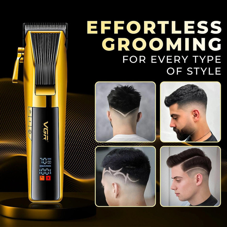 ماشین اصلاح موی صورت وی جی ار مدل V-177 با تیغه استیل ضد زنگ، موتور 7000 دور در دقیقه، باتری 2000 میلیآمپر ساعت، نمایشگر LED، طراحی ارگونومیک و تنظیم اندازه اصلاح از 0.8 تا 2 میلیمتر