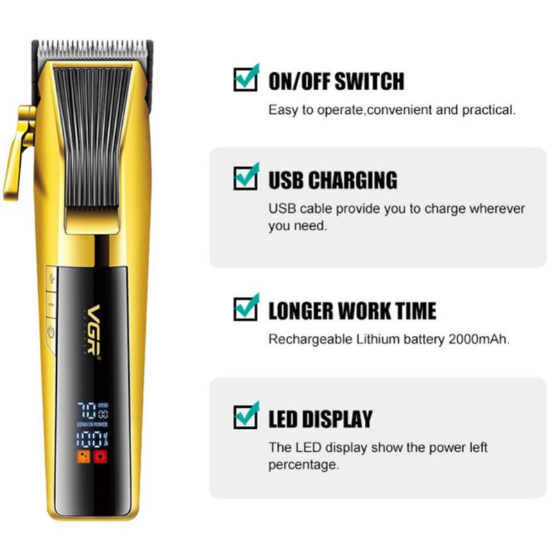 ماشین اصلاح موی صورت وی جی ار مدل V-177 با تیغه استیل ضد زنگ، موتور 7000 دور در دقیقه، باتری 2000 میلیآمپر ساعت، نمایشگر LED، طراحی ارگونومیک و تنظیم اندازه اصلاح از 0.8 تا 2 میلیمتر