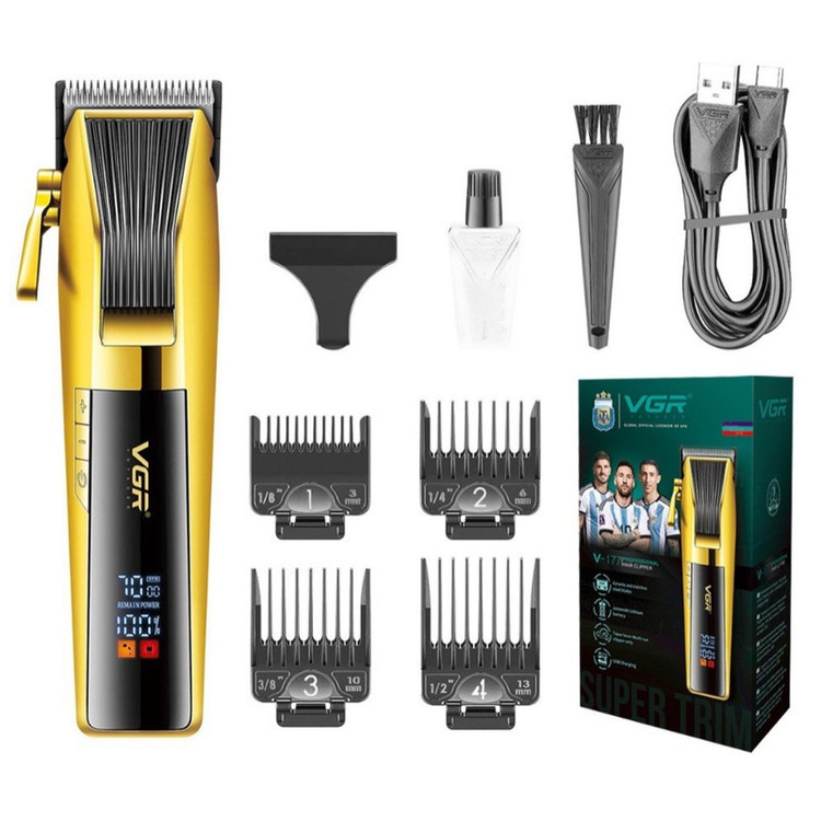 ماشین اصلاح موی صورت وی جی ار مدل V-177 با تیغه استیل ضد زنگ، موتور 7000 دور در دقیقه، باتری 2000 میلیآمپر ساعت، نمایشگر LED، طراحی ارگونومیک و تنظیم اندازه اصلاح از 0.8 تا 2 میلیمتر