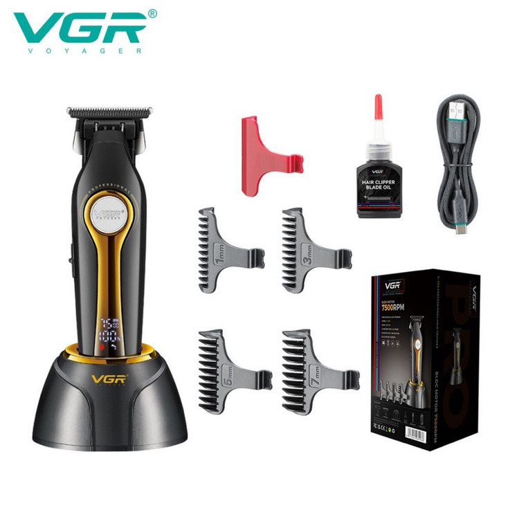 ماشین اصلاح موی سر و صورت وی جی ار مدل V-993 با تیغه سرامیکی، قابلیت اصلاح با شماره صفر، خط زن، نمایشگر میزان شارژ، باتری قابل شارژ، مدت زمان استفاده 180 دقیقه، همراه با 4 عدد شانه